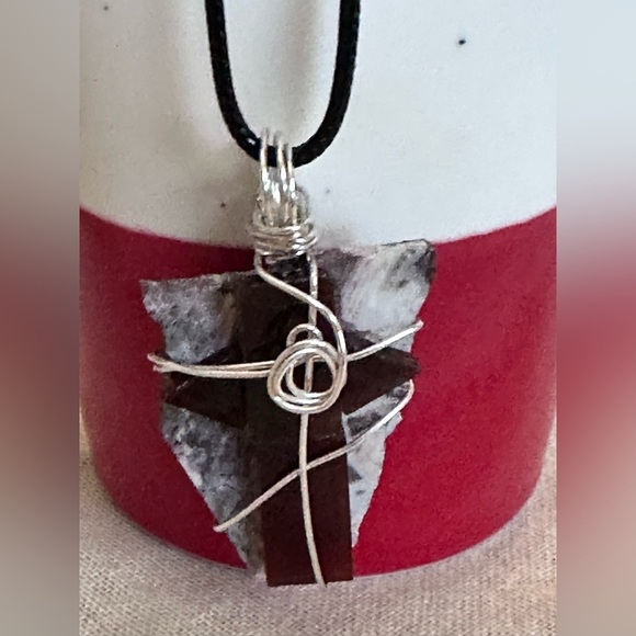 Handmade Cross Red Mosaic Glass & Marble Wire-Wrapped Pendant Necklace 4273 R - Picture 1 of 10